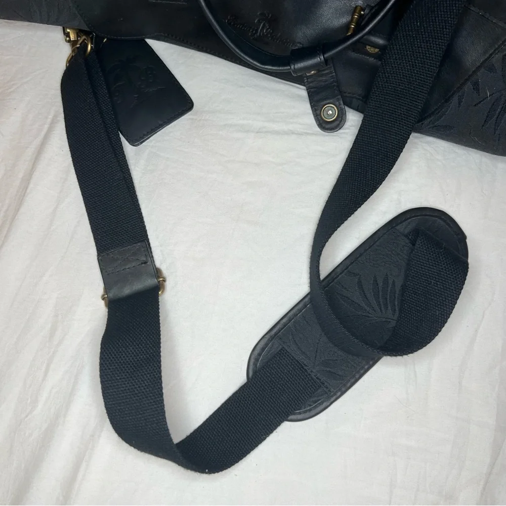 Tommy Bahama Large Black Duffle Bag, Shoulder Strap Top Handles Leather Accents